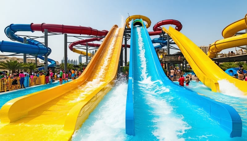 A vibrant view of Water Park Dubai with colorful slides, wave pools, and lively visitors enjoying the attractions.